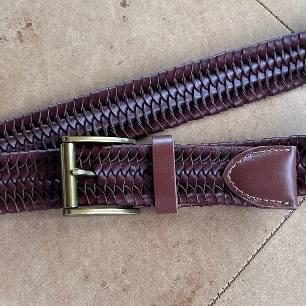 Fossil Maddox Genuine Leather Woven Belt Brown Solid Brass Buckle Western 38